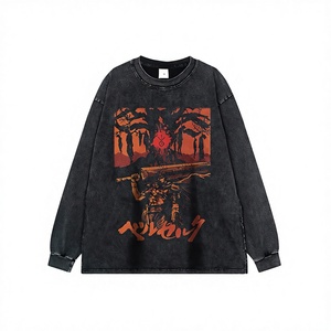 Camiseta de Algodón Estilo Urbano, Estampado de <span class=keywords><strong>Anime</strong></span> Japonés Harajuku, Lavada, de Manga Larga, Transpirable, Holgada, para Hombre y Mujer, Estilo Hip-Hop Urbano - Product Image 1
