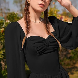 Abito Elegante Vintage da <span class=keywords><strong>Donna</strong></span> Casual con Colletto Quadrato in Chiffon Trasparente e Tulle, Vestito <span class=keywords><strong>Principessa</strong></span> Traspirante e Lavabile - Product Image 2