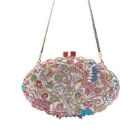 Pochette de soirée de luxe pour femme, ornée de strass colorés, avec cadre métallique or rose ajouré, motif aigle forestier et minaudière en cristal
