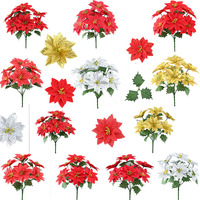 Großpackung Künstliche Seiden-Weihnachtssterne mit 7 Blüten, Künstliche Blumenstiele für Weihnachtsbaum-Dekoration, Neujahrs-Party-Dekoration