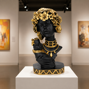 Sculpture de buste de femme africaine en résine faite à la main, avec coiffe florale dorée, statue d'art moderne, figurine d'amour, décoration pour la maison ou le bureau, cadeau - Product Image 4