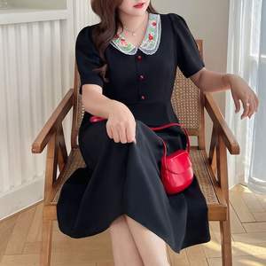 Robe midi noire à col Peter Pan brodée, taille haute, Runqi N8711, pour femmes, été, décontractée, à porter au quotidien - Product Image 4