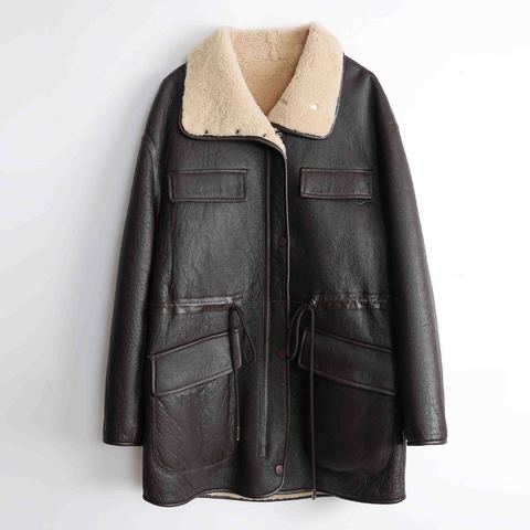 Winter Fall Stylish Long Sleeves Pocket Loose Windproof Warm Women Real Genuine Leather Sheepskin Coat