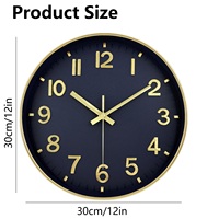 Horloge murale moderne ronde silencieuse à quartz avec aiguilles en verre HD et cadre en plastique – Or et bleu marine pour chambre, salle à manger, bureau à domicile