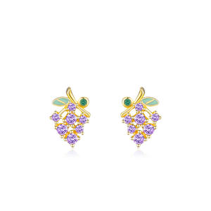 Pendientes de botón personalizables de plata de ley S925 con circonita púrpura talla redonda, diseño de uva, en oro de 14k, versión cobre, para mujer - Product Image 1