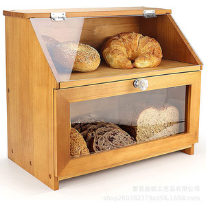 Boîte de rangement à pain en bois Vorsemy à double couche avec couvercle en verre, organisateur de pain pour la cuisine, couleur bois naturel - Product Image 3