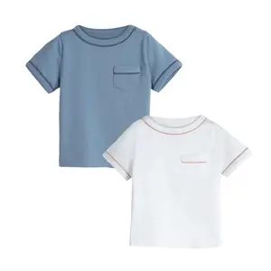 Monogram basic Cotton toddler baby boy shirts summer short sleeve kids boys T shirt plain front pocket with trim boys' tee