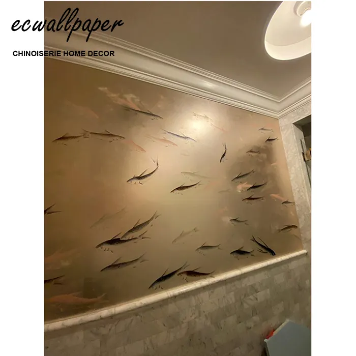 Fish wallpaper Hand Painted Wallpaper On Silver Metallic with pearlescent antiques - accept customize