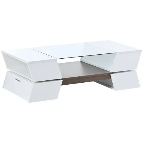 Actory-Mesa Central de doble capa, mueble de sala de estar con encimera de cristal blanco, venta directa