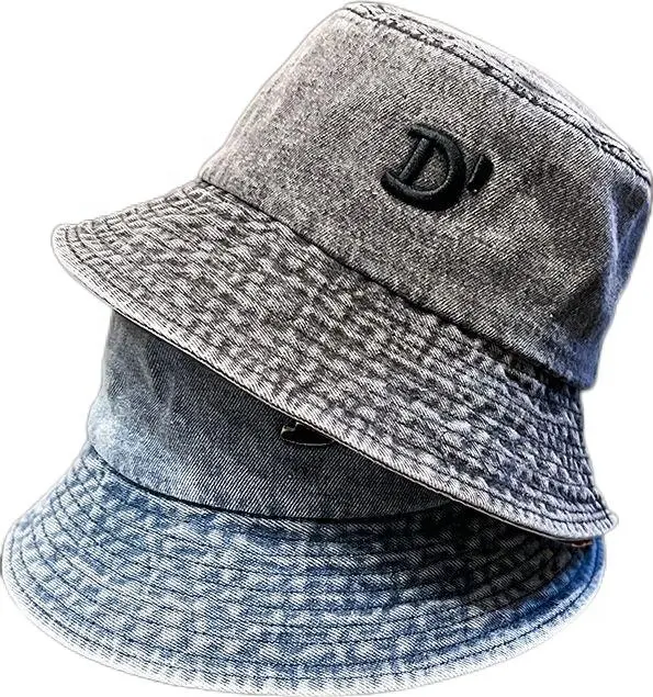 Mùa hè cổ điển đường phố đau khổ ngư dân hat 3D thêu thư rửa bông Denim thiết kế của riêng bạn xô hat