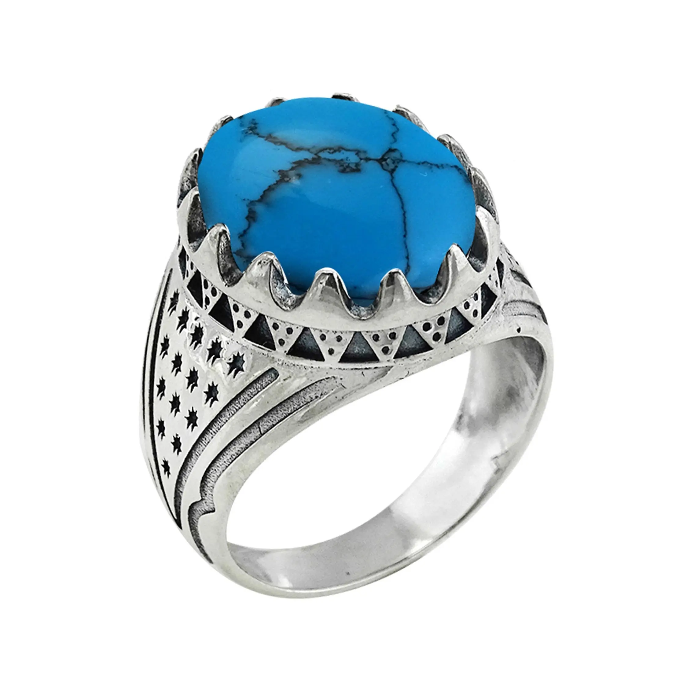 Designer Feroza Islamitische Ring 925 Sterling Zilver Gypsy Instelling Oval Blue Turquoise Mannen Wedding Ring Sieraden