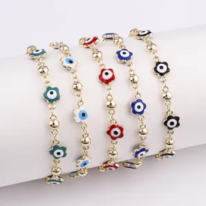 14K Gold Plated Alloy Flower Bracelet Enamel Ojo Demonio Evil Eyes Oil Drop Bracelet