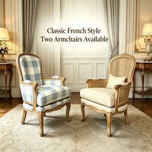 French Modern Accent Chair 2 Back Options Hand-Carved Solid <b>Oak</b> <b>Frame</b> 100% Blue Check Linen Upholstered Armchair Living Room - Product Image 4