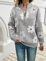 Pull en maille fleuri respirant pour femme avec col roulé zippé et broderie marguerite – Haut décontracté et confortable pour le printemps