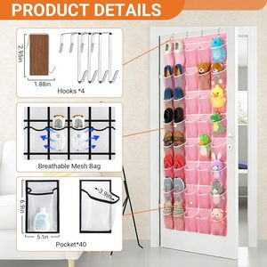 40 Pocket Over The Door <b>Shoe</b> Organizer Pink Mesh Hanging Storage For <b>Shoes</b> Behind Door Wall Mount - Product Image 4