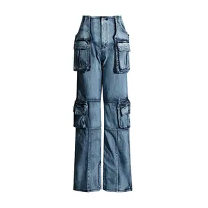 2023 tendances haute qualité poches lavé jambe droite décontracté Cargo pantalon Denim jean pour les femmes