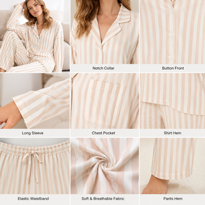 OEKO-TEX Cotton <b>Manufacturer</b> Women's Striped <b>Pajama</b> Set Button Down Long Sleeve Sleepwear OEM Private Label Low MOQ Wholesale - Product Image 5