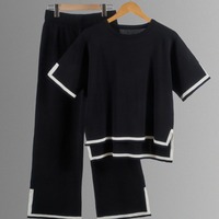 Summer New Ladies Knitted Short Sleeve Sweater Set Casual Wide Leg Set