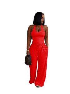 Completo Set Estivo da <span class=keywords><strong>Donna</strong></span> 2026 Personalizzabile con Logo - Top Halter e Pantaloni Lunghi <span class=keywords><strong>Casual</strong></span> a Tinta Unita, 2 Pezzi - Product Image 4