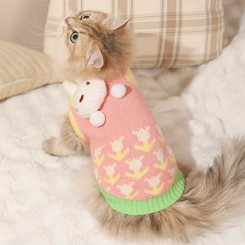 Vêtements sur le thème des chats - Pull en polaire à motif floral lapin (Rose)