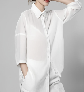 Camisa de Popelina de Algodón Blanca para Mujer con Logotipo Personalizado, Cuello Camisero, Corte Holgado, Manga Larga, Estilo Casual para Uso Diario - Product Image 2