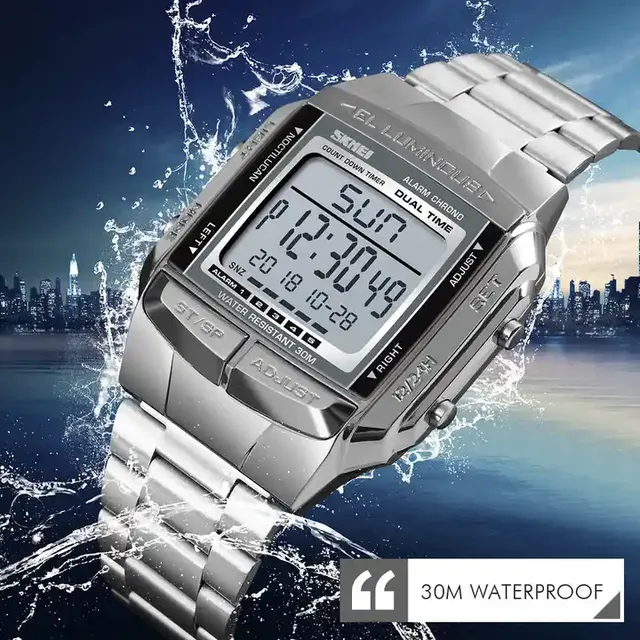 Skmei 1381 Wholesale Digital Watch Men Stainless Steel Band Waterproof LED Stopwatch Alarm Watch OEM ODM Customized Watch