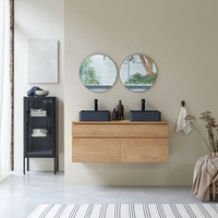 Meuble-lavabo de salle de bain sur mesure, style bois naturel, design plat, double vasque en pierre, finition mélamine, montage mural flottant