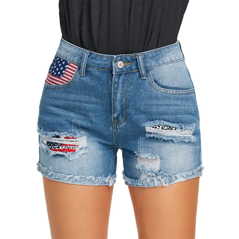Hot Selling Printed High Waist Ripped Elasticity Jeans Women'S Denim Shorts