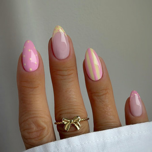 Faux ongles à presser couleur unie à pois, nude, rayés, color block, forme amande - Product Image 1