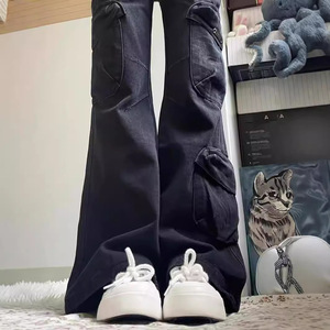 Black Flared Cargo Jeans Women High Waisted Slimming Floor Length Horseshoe Trousers Water Wash Polyester Fabric Autumn Style - Product Image 1