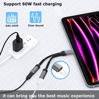 Distribuidor 2 en 1 tipo C Adaptador de cargador y auriculares USB C dual USB C Audio y PD 60W Carga rápida para iPhone 16 iPad