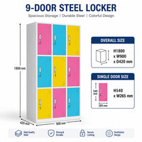 Casier en acier coloré à 9 portes pour école, bureau, salle de sport, dortoir, avec portes sécurisées, trous de ventilation et structure métallique compacte