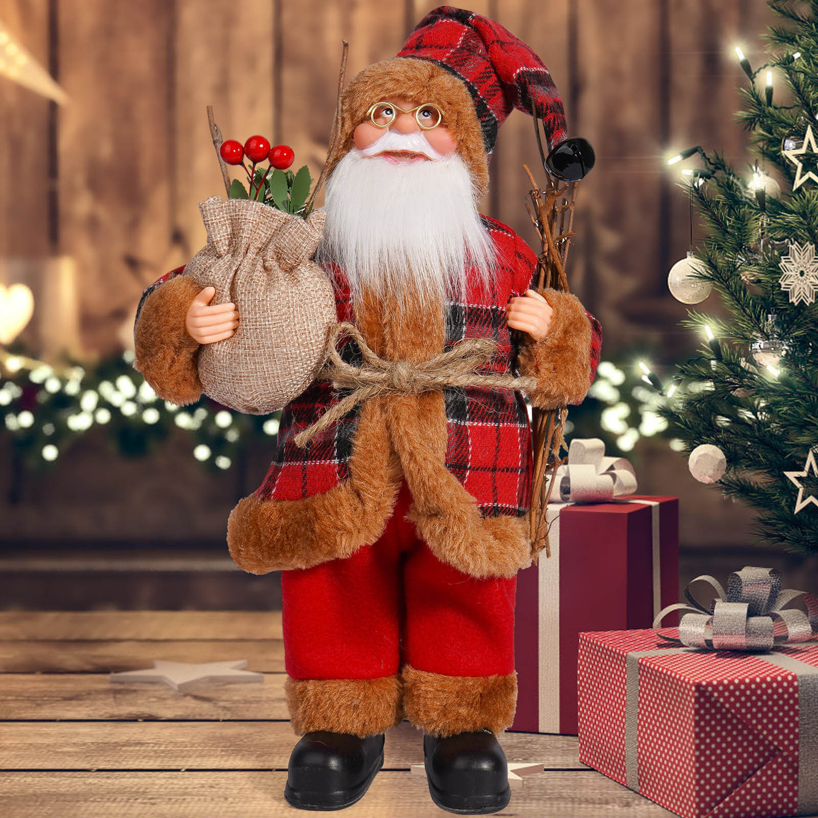 Red Santa claus holding a branch