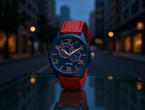 นาฬิกาสมาร์ทวอทช์แฟชั่นสำหรับผู้ชาย หน้าปัดสีน้ำเงิน สายหนังสีแดง โครโนกราฟ ตัวเรือนสแตนเลส ดีไซน์ทรงกลม - Product Image 2