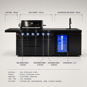 Barbecue d'extérieur en acier inoxydable 304 noir avec réfrigérateur intégré, évier, armoire de rangement, îlot BBQ - Product Image 2