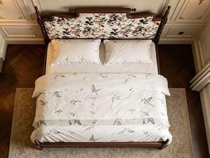 Premium Queen Size Dark Wood Spindle <b>Bed</b> With Floral Fabric Upholstered Headboard For Bedroom - Product Image 2