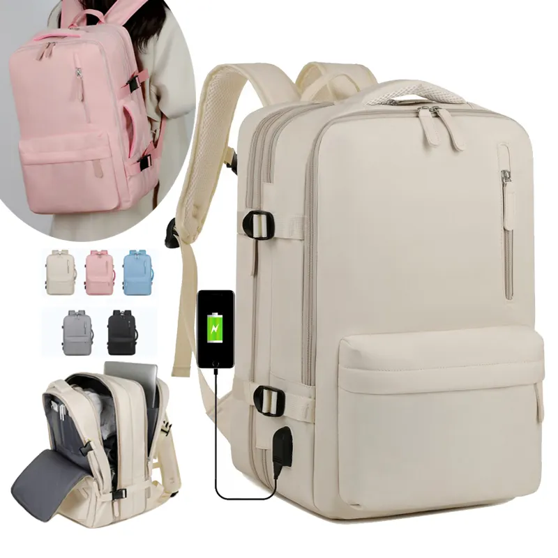 Tas punggung bepergian, ransel Sekolah Wanita dengan USB, tas punggung nilon, merah muda, nilon, anti air, gaya baru, bisnis, besar, Laptop, dapat diperbesar
