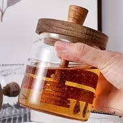 Stoples Madu Kedap Udara Kaca Borosilikat Tinggi 500ml Dengan Tutup Kayu Akasia & Pengaduk Madu untuk Penyimpanan Permen dan Selai.