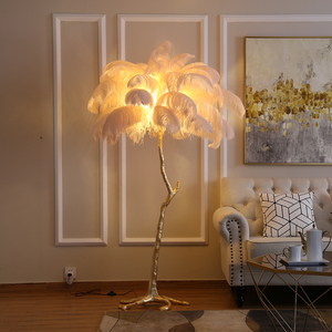 Ostrich <strong>Feather</strong> LED Modern Hotel Floor Lamp with Copper Finish and Golden <strong>White</strong> <strong>Feather</strong> <strong>Lampshade</strong> - Product Image 1