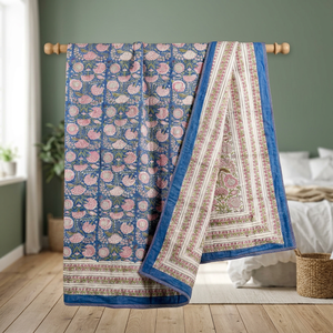 Housse de lit double en coton Dohar de qualité supérieure, imprimée à la main, réversible, motif floral bleu rose, lavable - Product Image 2
