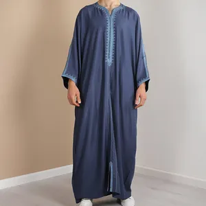 All'ingrosso moda uomo dubai manica lunga thobe in cotone blu lusso abaya musulmano abito lungo oversize