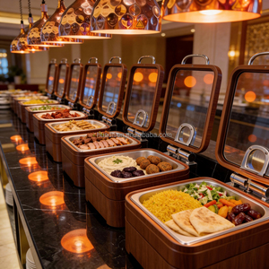 Huadison <span class=keywords><strong>restaurante</strong></span> suministros Sapele madera mini rectángulo buffet calentador de alimentos <span class=keywords><strong>cuatro</strong></span> litros platos de frotamiento con tapa de vidrio - Product Image 1