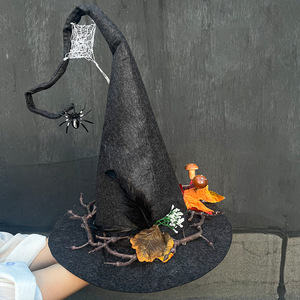 Chapeau de sorcière à large bord, forme conique, feuille d'érable, toile d'araignée, chapeau de fête d'Halloween - Product Image 4
