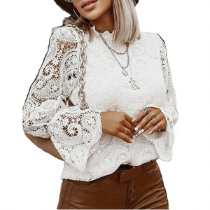 Sexy <b>Lace</b> Hollow Solid Shirt Blouse Women Autumn Eco-Friendly Long Sleeve O-Neck <b>Top</b> Femme <b>White</b> Vintage Loose Clothing - Product Image 2