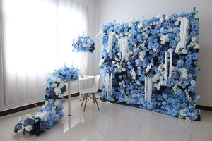 ฉากหลังดอกไม้ประดิษฐ์ดีไซน์ใหม่ ขนาด 8 ฟุต x 8 ฟุต สีฟ้า ดอกเบญจมาศ ไฮเดรนเยีย กุหลาบ สำหรับตกแต่งงานเลี้ยงฉลองเด็กแรกเกิด - Product Image 4