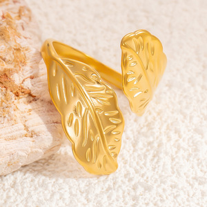 European American Style Leaf <b>Ring</b> 18k Gold Plated Stainless Steel <b>Open</b> Design Unisex Fashion Jewelry Gift - Product Image 3