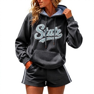 Women's Fleece Hoodie Shorts Set Checkered Hood State Print Loose Fit Two <b>Piece</b> Gamedays Sportswear Autumn Winter <b>Outfit</b> - Product Image 1