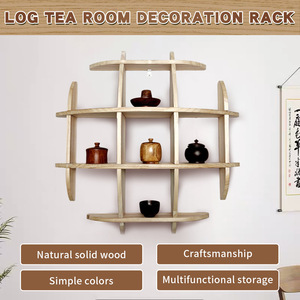 Solid Wood Chinese Style <b>Wall</b> Mounted <b>Display</b> Shelf 70 Compartment Natural Color Tea Set Holder Living Room Storage Rack - Product Image 3