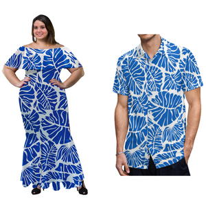 Robes sirène superposées à volants aux épaules pour femmes, vertes et bleues, motif tribal polynésien hawaïen, et chemise Aloha pour hommes grandes tailles - Product Image 3