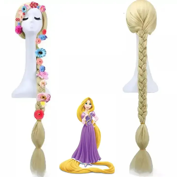 Tangled Rapunzel Princess natürliche lange blonde geflochtene synthetische Cosplay Perücke mit weißen sechs zufälligen Blumen für Halloween